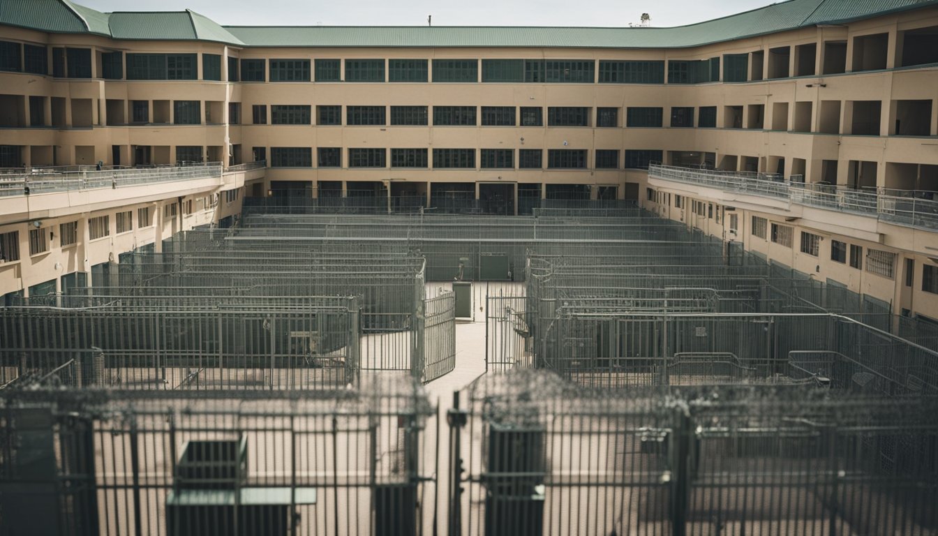 A prison with open gates and minimal security. Inmates are seen moving freely around the common areas